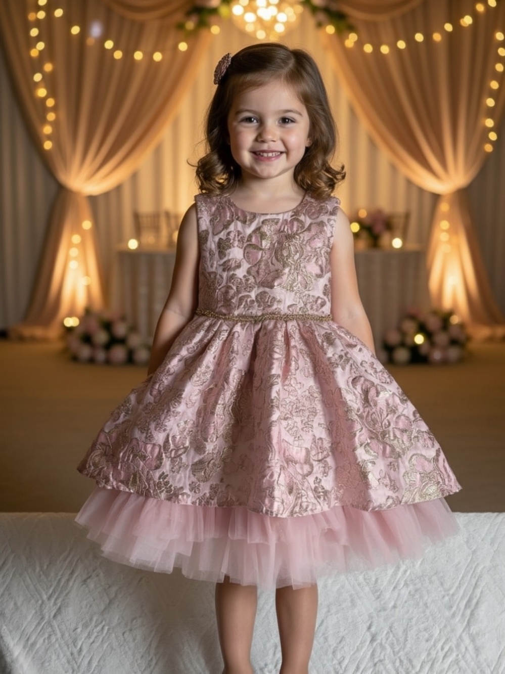 Rare Editions Pink Metallic Floral Jacquard Party Dress with Tulle